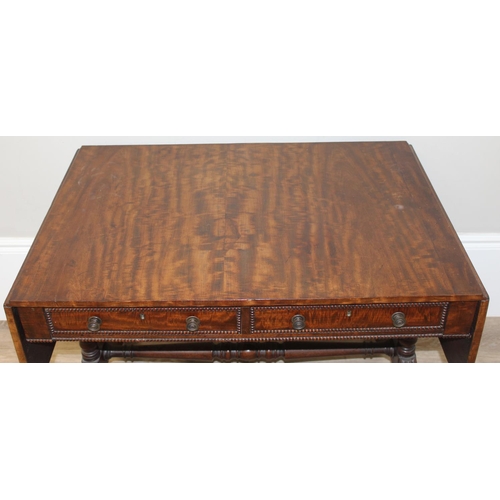 79 - A superb quality 19th century mahogany drop leaf sofa table with 2 drawers with beaded edging, decor... 