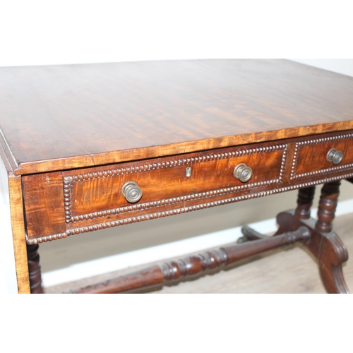 79 - A superb quality 19th century mahogany drop leaf sofa table with 2 drawers with beaded edging, decor... 