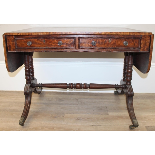 79 - A superb quality 19th century mahogany drop leaf sofa table with 2 drawers with beaded edging, decor... 