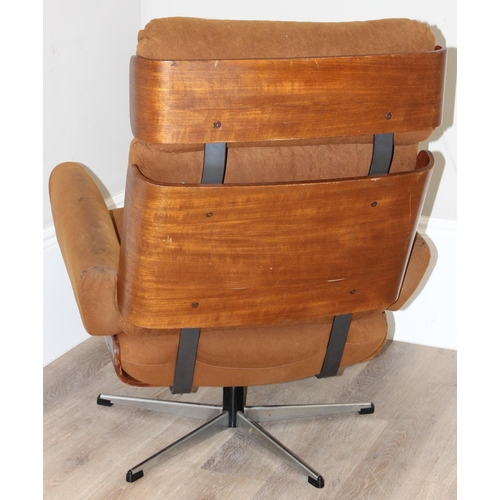 21 - An mid-century Eames style swivel chair with bentwood & brown fabric swivel chair with chrome base, ... 