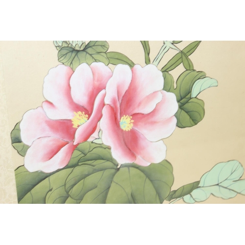 469 - Pair of vintage Oriental floral paintings on silk, in glazed frames, approx 50cm x 40cm