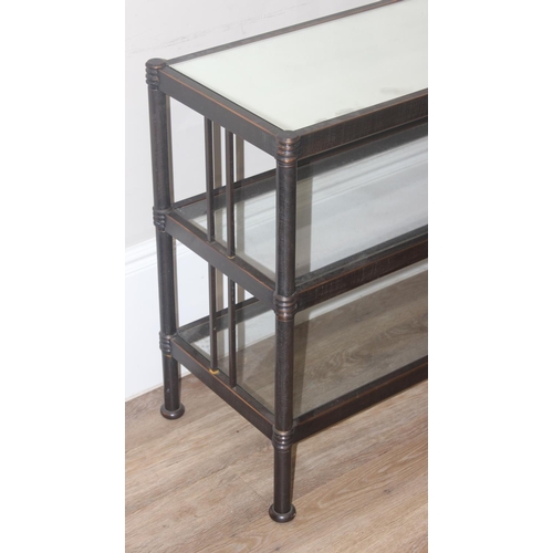 119 - Metal and glass 3 tiered hall table with mirrored glass top, approx 140cm W x 40cm D x 77cm H