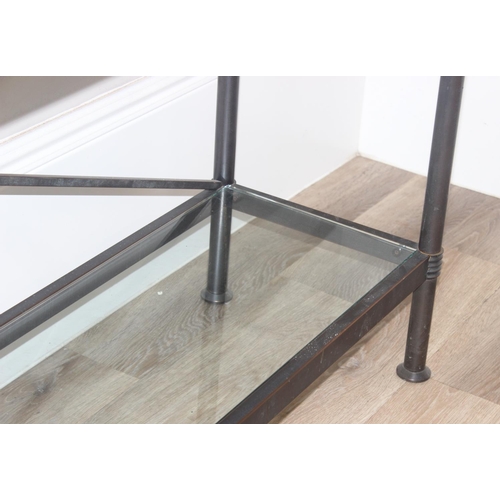 120 - Metal and glass 2 tiered hall table, approx 140cm W x 37cm D x 77cm H