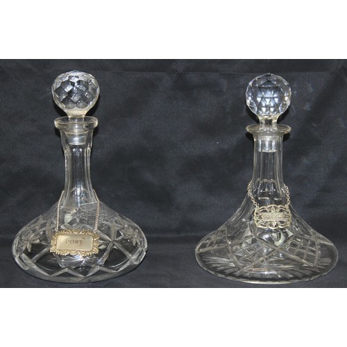 1715 - 2 vintage cut glass ships decanters with silver plated labels, Whisky & Port, the largest approx 27c... 