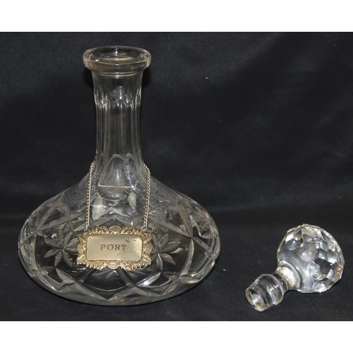 1715 - 2 vintage cut glass ships decanters with silver plated labels, Whisky & Port, the largest approx 27c... 