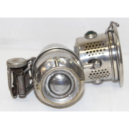 812 - A vintage carbide bicycle lamp with nickel plated body, made by Powell & Hanmer 