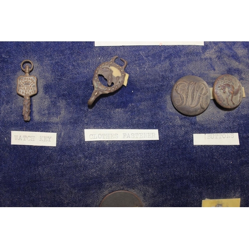 1482 - A framed display of various metal detector finds from Kingston Blount, and some reproduction Roman c... 