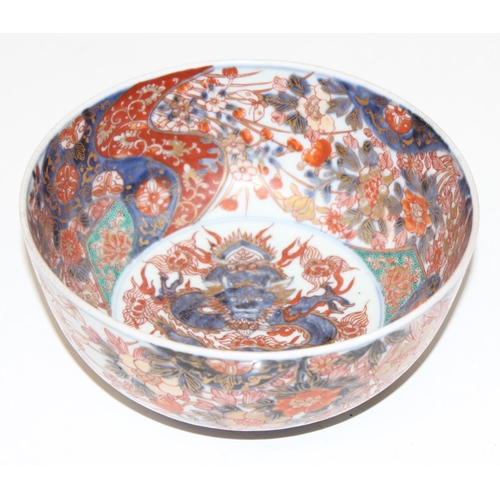 1487 - An antique Chinese or Japanese porcelain bowl with Imari colours, the centre decorated with a dragon... 