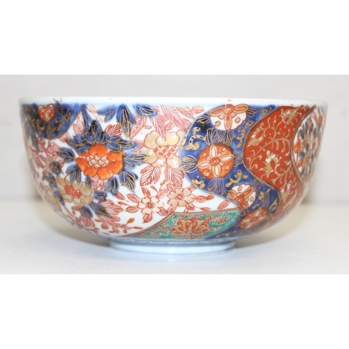 1487 - An antique Chinese or Japanese porcelain bowl with Imari colours, the centre decorated with a dragon... 