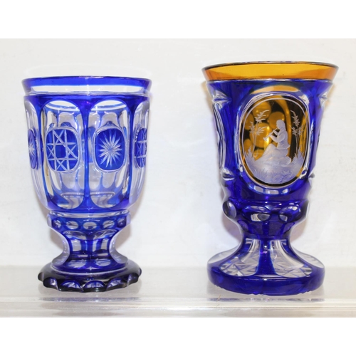 1490 - 6 assorted Bohemian style glass tumblers with overlay, some with enamel details, and an antique glas... 