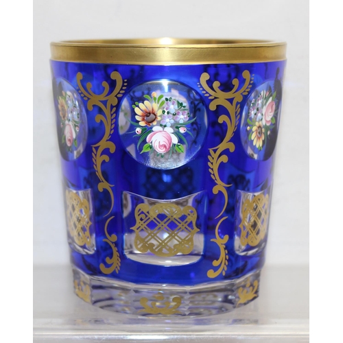 1490 - 6 assorted Bohemian style glass tumblers with overlay, some with enamel details, and an antique glas... 