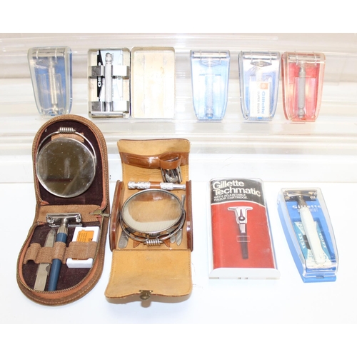 1494 - Qty of assorted vintage Gillette razors, mainly in boxes, some in leather sets