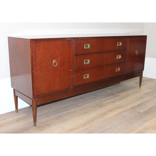 23 - Greaves & Thomas Furniture - Mid-century sideboard with 3 central drawers with recessed brass campai... 