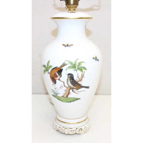 254 - A vintage Herend porcelain table lamp with shade, the body decorated with hand painted birds, butter... 