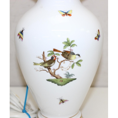 254 - A vintage Herend porcelain table lamp with shade, the body decorated with hand painted birds, butter... 