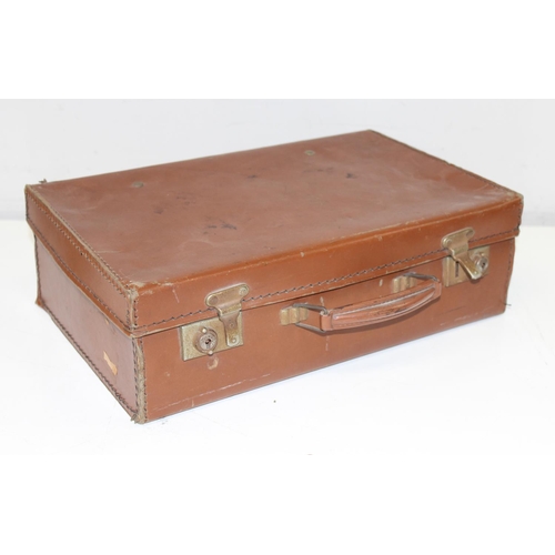 319 - 5 vintage brown leather and leather effect suitcases, largest approx 55cm W x 33cm D x 15cm H