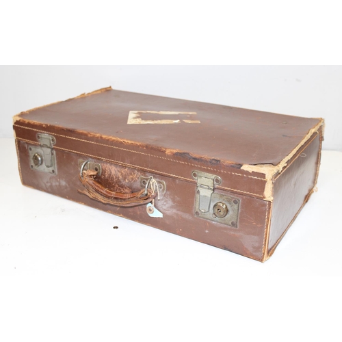 319 - 5 vintage brown leather and leather effect suitcases, largest approx 55cm W x 33cm D x 15cm H