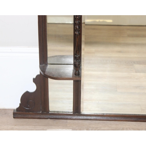 459C - An early 20th century wooden framed over mantel mirror with shelves, approx 106cm x 90cm