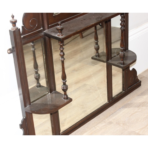 459C - An early 20th century wooden framed over mantel mirror with shelves, approx 106cm x 90cm