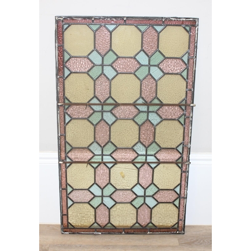 459D - 2 vintage unframed leaded stained glass panels, the largest approx 91cm x 53cm