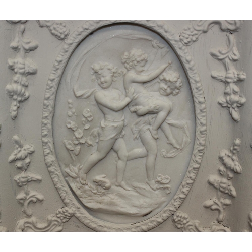 459F - An antique style reconstituted marble plaque in distressed white painted frame, the relief plaque de... 