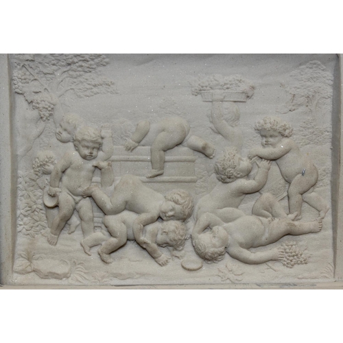 459H - An antique style reconstituted marble plaque in distressed white painted frame, the relief plaque de... 