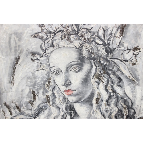 459I - A mid-century textured oil on canvas of a female portrait, monochrome with textured highlights and r... 