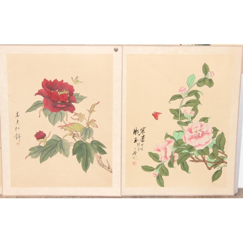 470 - Qty of Oriental floral paintings on silk, largest approx 77cm x 38cm