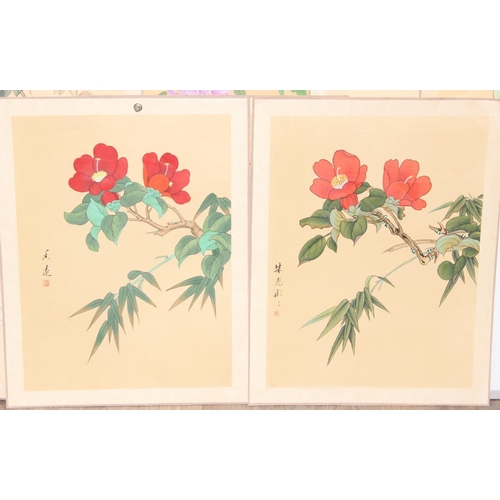 470 - Qty of Oriental floral paintings on silk, largest approx 77cm x 38cm