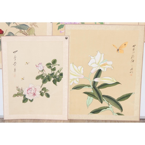 470 - Qty of Oriental floral paintings on silk, largest approx 77cm x 38cm