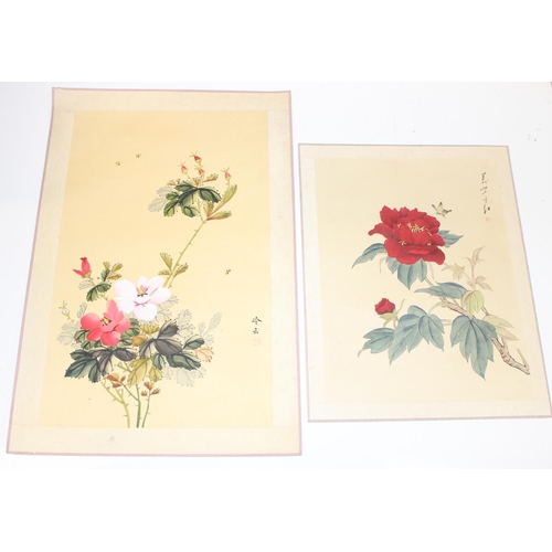 470 - Qty of Oriental floral paintings on silk, largest approx 77cm x 38cm