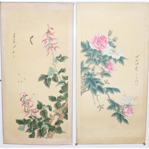 470 - Qty of Oriental floral paintings on silk, largest approx 77cm x 38cm