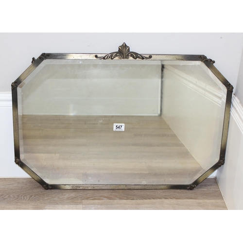 547 - Large Art Deco period mirror of elongated octagonal form with metal decoration surround, approx 77cm... 