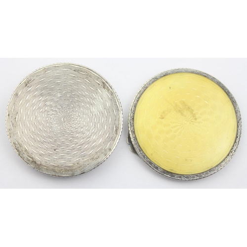 1016 - A vintage silver and yellow guilloche enamel pill box, the interior lined with gilt, marked 0.935 an... 