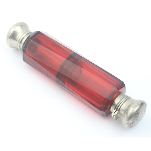 1017 - An antique silver plated and ruby glass double ended scent bottle, approx 12cm wide