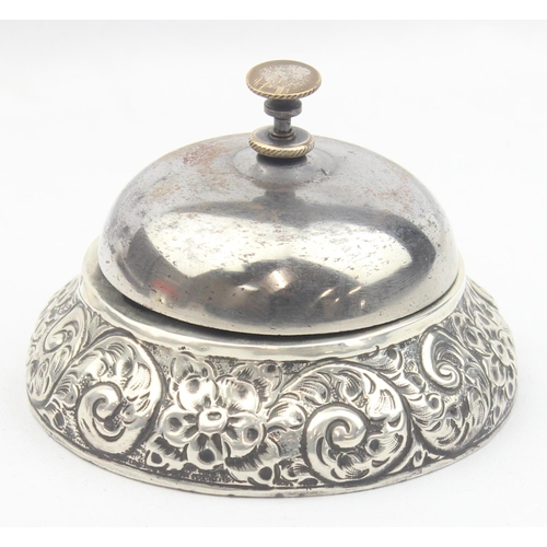 1018 - An antique silver mounted shop or table bell, marked for Chester but date letter obscured, believed ... 