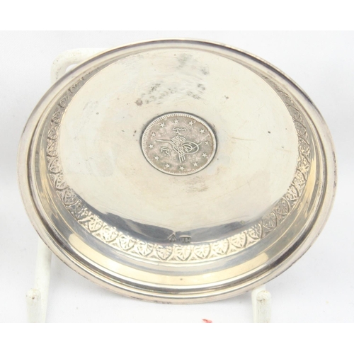 1024 - An 800 silver pin dish set with a Turkish 2 Qirsh silver coin, approx 80mm in diameter, approx 21.26... 