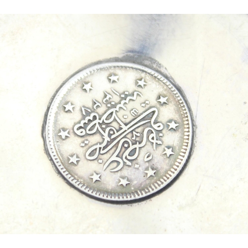 1024 - An 800 silver pin dish set with a Turkish 2 Qirsh silver coin, approx 80mm in diameter, approx 21.26... 