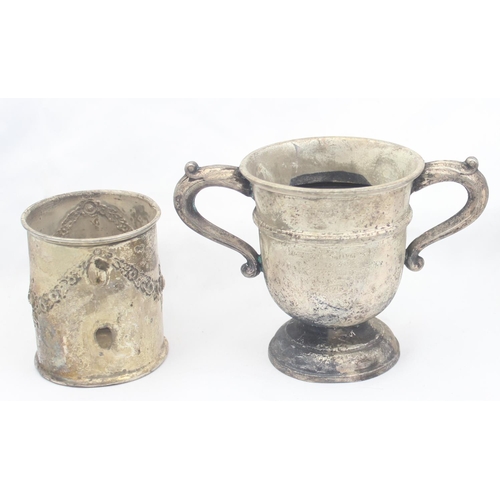 1049 - 3 silver trophy cups, a silver Christening mug lacking handle and 2 silver napkin rings, approx 360.... 