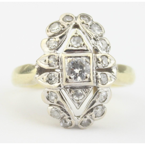 1104 - An Art Deco period 14ct gold and diamond set cluster ring, the central diamond assessed as approx 0.... 