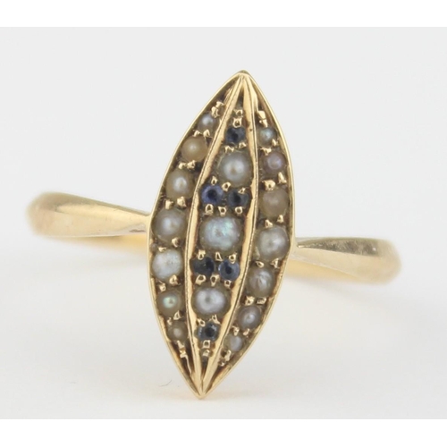 1105 - A vintage 14ct gold seed pearl and sapphire set navette ring, marked 585 and XRF confirmed, approx s... 