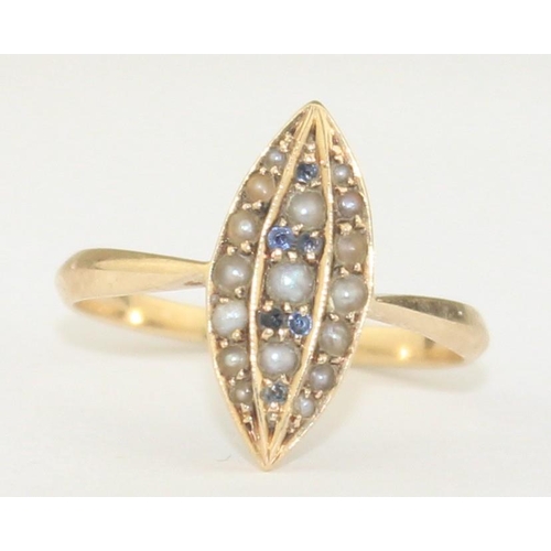 1105 - A vintage 14ct gold seed pearl and sapphire set navette ring, marked 585 and XRF confirmed, approx s... 