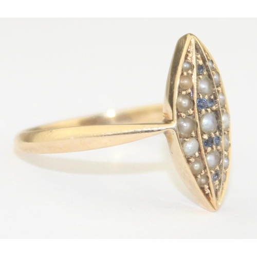 1105 - A vintage 14ct gold seed pearl and sapphire set navette ring, marked 585 and XRF confirmed, approx s... 