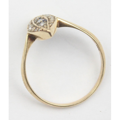 1105 - A vintage 14ct gold seed pearl and sapphire set navette ring, marked 585 and XRF confirmed, approx s... 