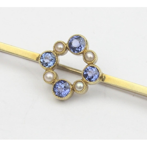 1115 - An antique 15ct gold bar brooch with seed pearls and sapphires, marked 15ct and XRF confirmed, appro... 