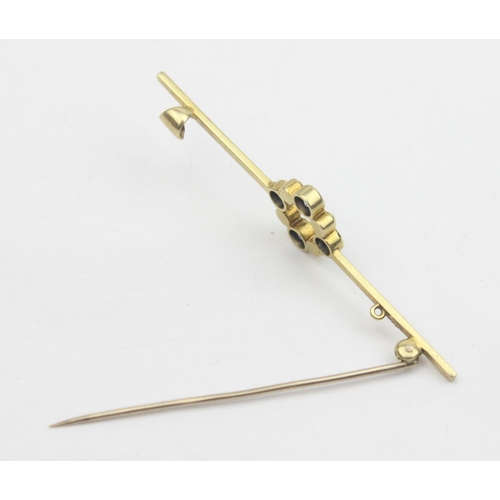 1115 - An antique 15ct gold bar brooch with seed pearls and sapphires, marked 15ct and XRF confirmed, appro... 