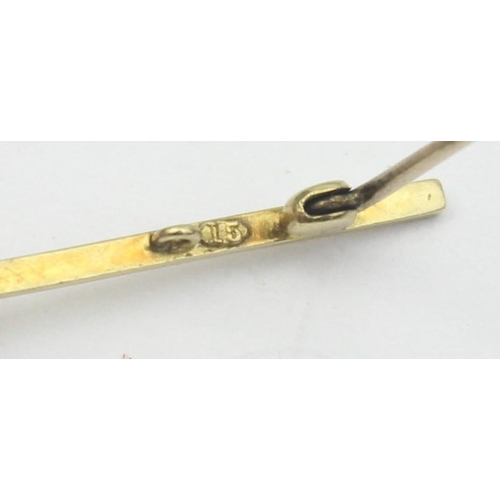 1115 - An antique 15ct gold bar brooch with seed pearls and sapphires, marked 15ct and XRF confirmed, appro... 