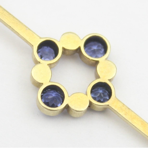 1115 - An antique 15ct gold bar brooch with seed pearls and sapphires, marked 15ct and XRF confirmed, appro... 