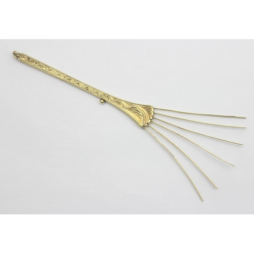 1116 - An unusual 14ct gold retractable champagne swizzle stick, marked 585 and XRF confirmed, approx 11.5c... 