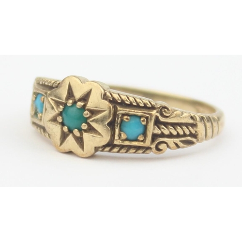 1117 - A Victorian style 9ct gold ring set with Turquoise and engraved decoration, marked and XRF confirmed... 